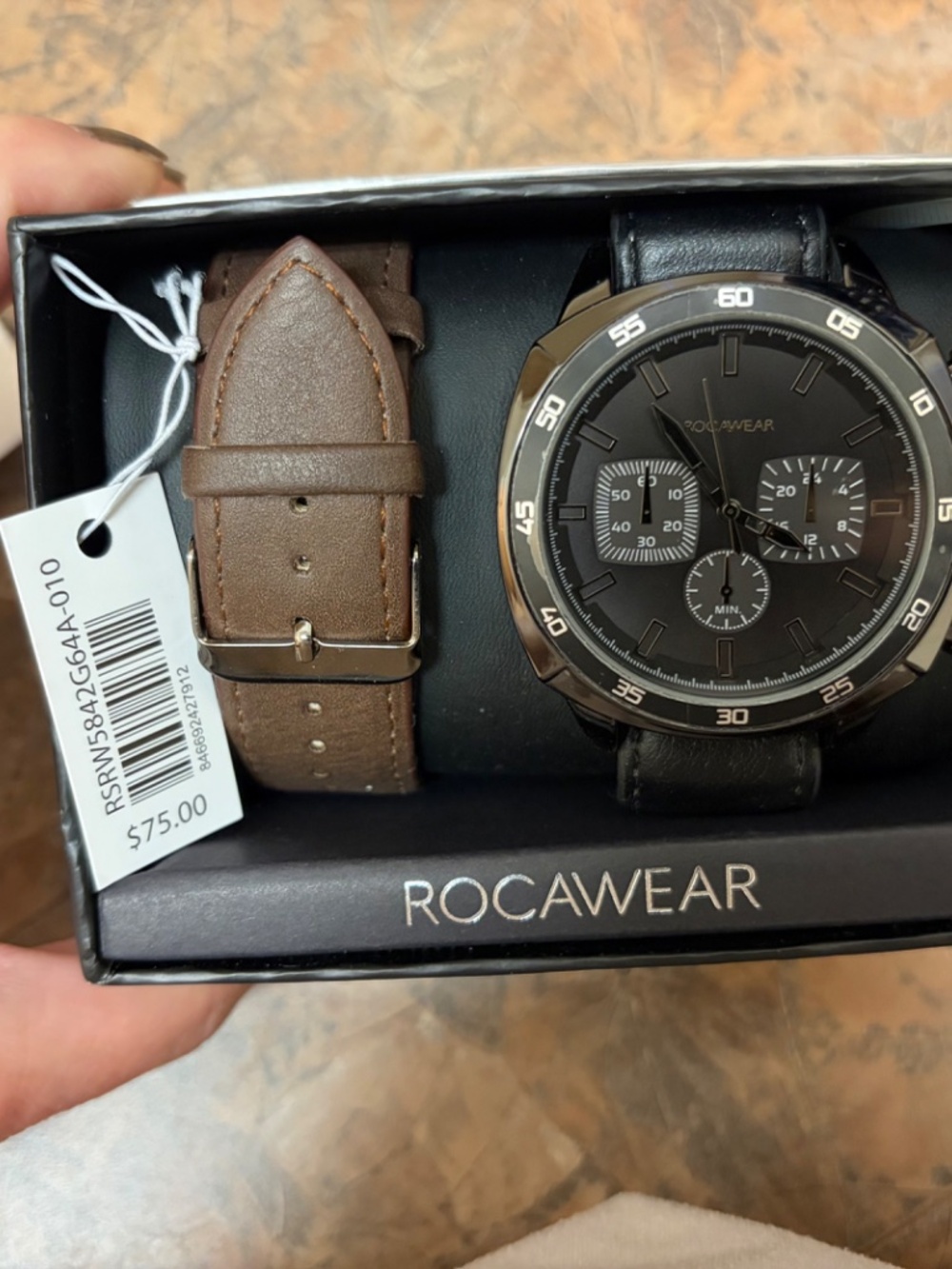 Rocawear Men’s Black Dial Watch Gift Set NWT Faux Leather Extra Strap